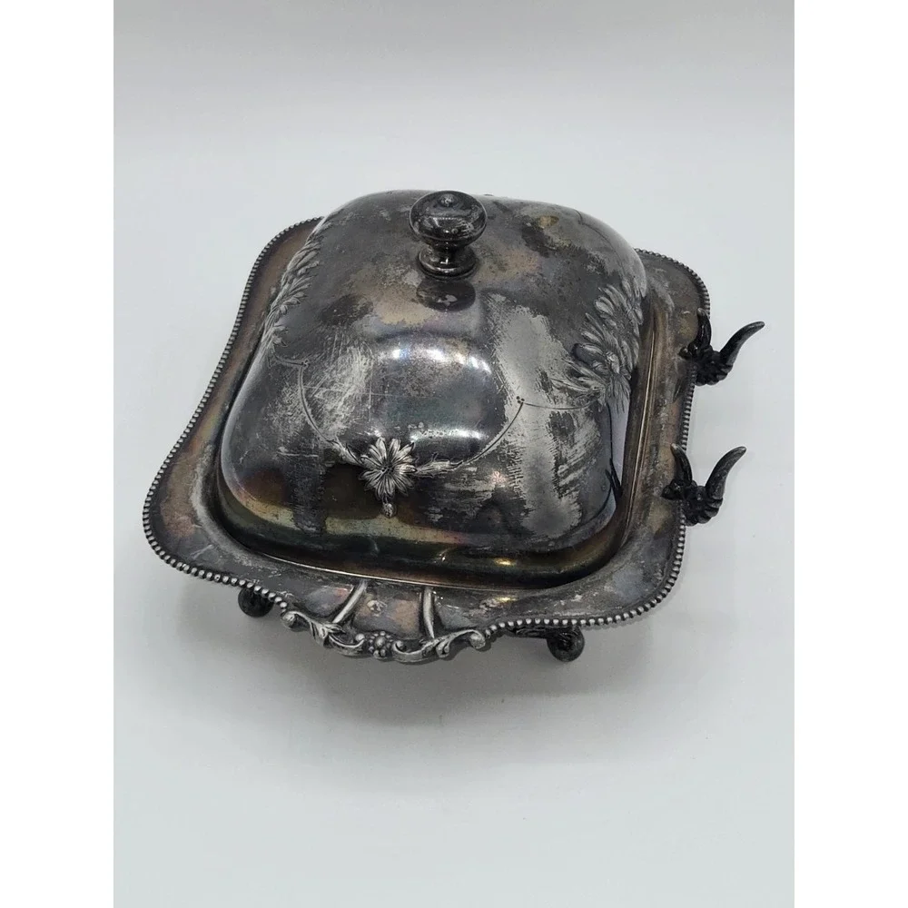 Antique Pairpoint Quadruple Plate Silverplate Covered Butter Dish Floral Lid